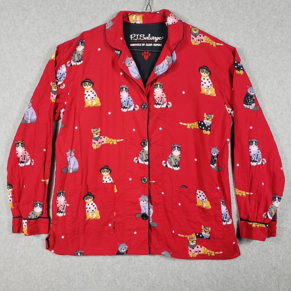 PJ Salvage Red Cat Print Pajama Top Button Up Sleep Shirt Size S